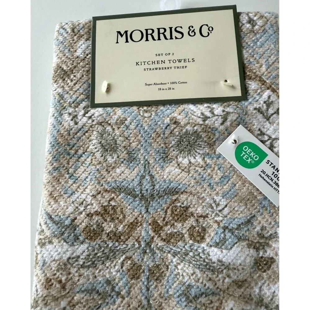 William Morris & Co Strawberry Thief Kitchen Dish Towels Cotton Set of 2 Blue